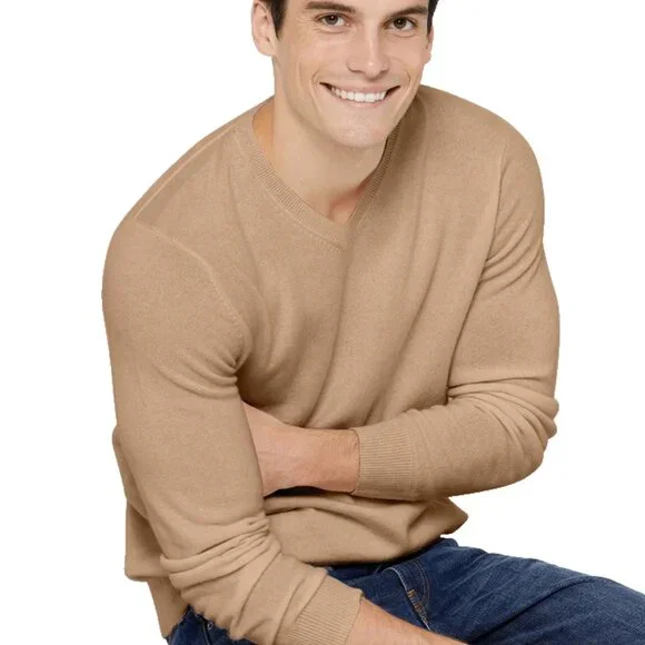 State Cashmere Men's Basic V Neck Sweater Camel Brown Size XXL Long Sleeve NEW